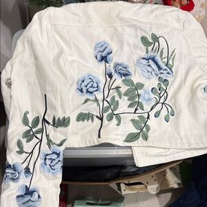 Francesca's Collections White Jean Jacket with Blue Floral Embroidery